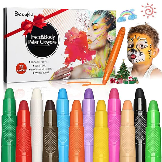 Beesjuy Face Painting Kits for Kids,12 Color Water Based Face Paint Kit, Washable Kids Body Paint for Makeup, for Birthday, Halloween, Thanksgiving Day, Cosplay Makeup, Gifts for Kids/Children