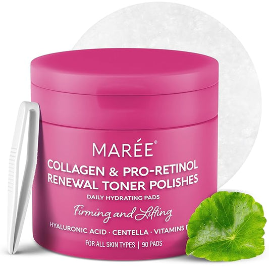 MAREE Collagen Toner Polishes - Toner Pads with Retinol - Minimizing Wrinkle Zero Pore Pads - Hydrating Toning Collagen Ampoule Pad with Retinol & Centella - Anti Aging Brightening Wipes