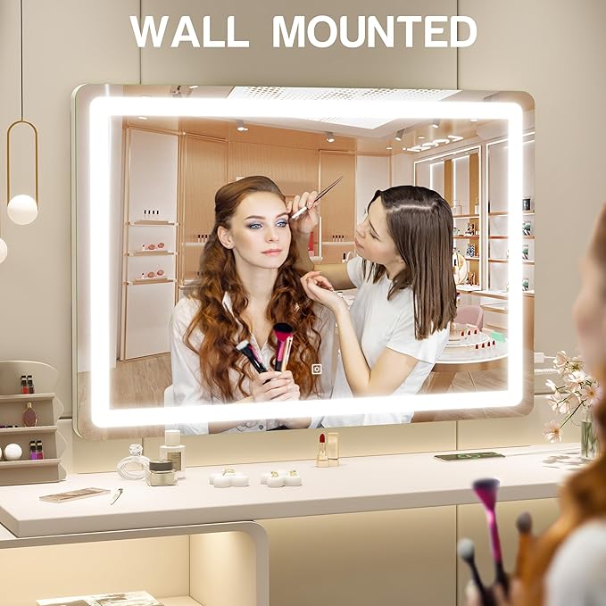 Vanity Mirror with Lights, 32" x 22" Large Lighted Vanity Mirror with Dimmable 3 Modes, LED Makeup Mirror, Touch Screen Control, USB Charging Port, Tabletop or Wall-Mounted