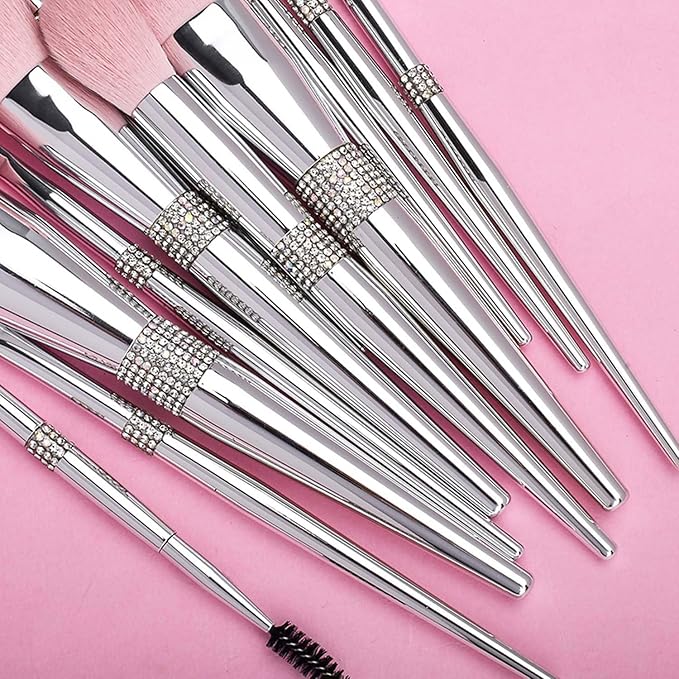 Professional Makeup Brush Set Luxury 11pcs Silver Glitter Crystal Make Up Brush Kit Vegan Soft Synthetic Hair Foundation Eyeshadow Eyebrow Lip Cosmetic Brush Set With Gift Box For Girl