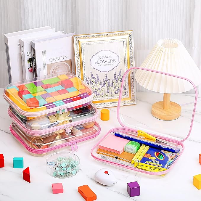 Hoolerry 4 Pcs Hard Clear Zipper Case Makeup Bags Plastic Pencil Pouch Transparent Storage Box Containers for Cosmetics, Snacks, Building Blocks, Puzzles(Pink,9.8 x 7.9 x 2 in)