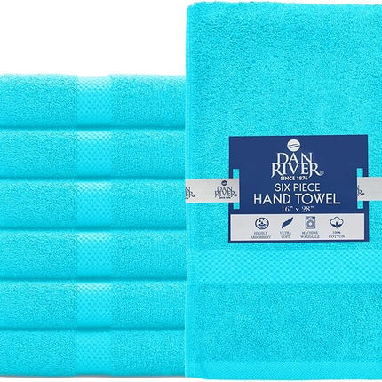DAN RIVER 6-Pack Premium Hand Towels (16x28 Inches) - 100% Cotton, Ultra Soft, Lightweight, Highly Absorbent Towels for Bathroom, Spa, Gym, Salon, Hotel, and Travel - Turquoise