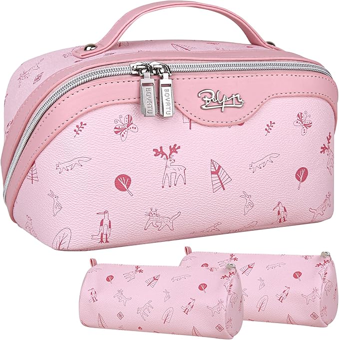 BOYATU Travel Makeup Bag Cosmetic Bags for Women: 3 Pcs Set Portable Make up Bag with Handle - Vegan Leather Toiletry Bags with Compartments - Makeup Organizer for Travel Essentials(04-Pink)