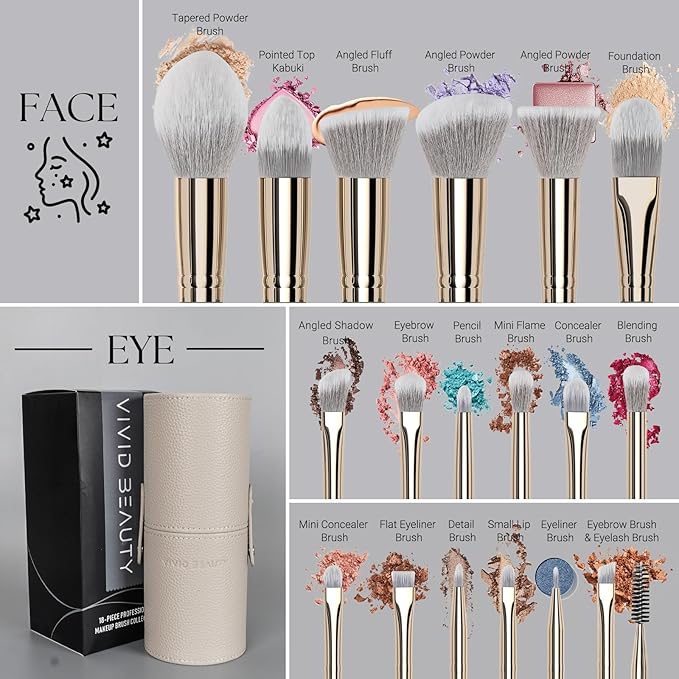 Makeup Brush Set, 18 Pcs Make up Brushes for Face and Eye with Travel Case – Natural Wood Handles – Unique Pointed Design, Makeup Brushes for Professional & Beginner Makeup Lovers (Gray)
