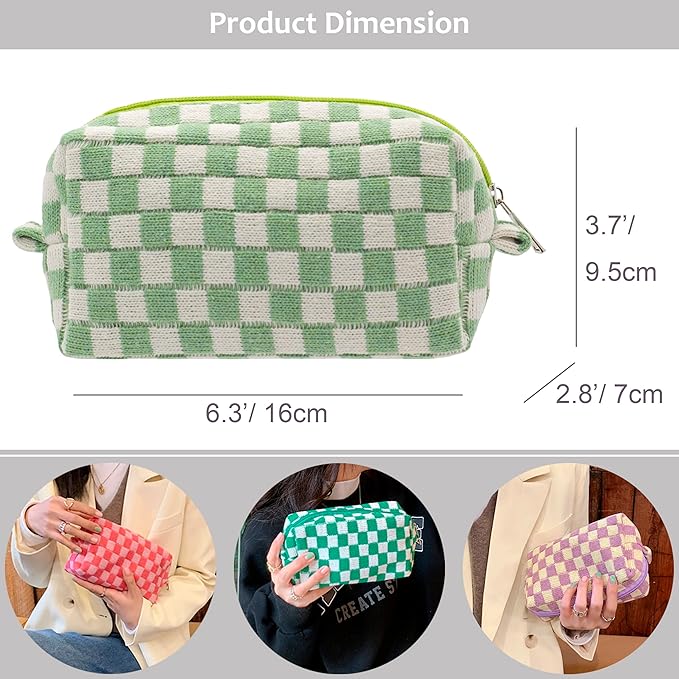 PAZIMIIK Checkered Makeup Bag for Purse Portable Zipper Make Up Pouch Small Cosmetic Case for Travel Accessories (Light Green)