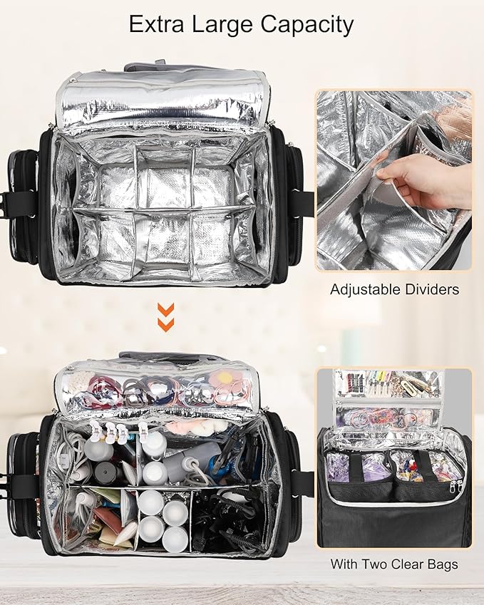 Relavel Rolling Makeup Train Case with Hair Stylist Backpack, Hairstylist Traveling Bag with 4 Wheels, Heat Insulation Full Layer, Adjustable Dividers, Hair Tools and Cosmetics Storage Organizer
