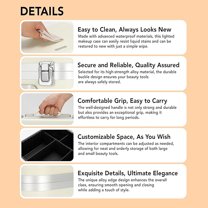 Lighted Makeup Case with Mirror - Large Size 13.4" x 10.2" - Travel Makeup Case With Mirror - Rechargeable LED Travel Vanity Case with Adjustable Brightness - Train Case Makeup Bag - White