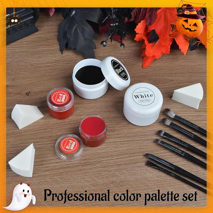 13PCS Clown Makeup Kit, Black + White + Red + Dark Red Face Body Paint Set with 6 Painting Brushes & 3 Sponge,Halloween Oil Based Body Paint for Adults Joker Zombie Vampire Skeleton Costume SFX Makeup