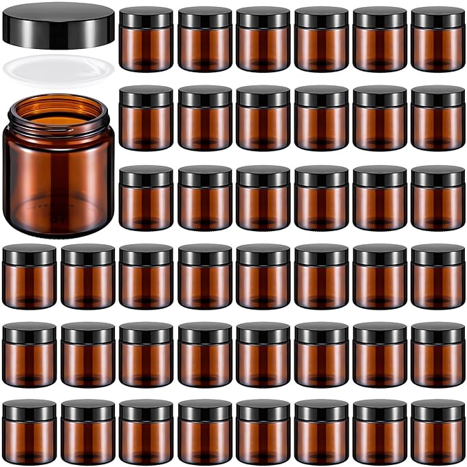 Norme 48 Pcs 4 oz Glass Jars with Lids Leakproof Round Airtight Empty Cosmetic Jars with Inner Liners Lid for Storing Lotions Powder Ointments Candle Making Tins (Black,Amber)