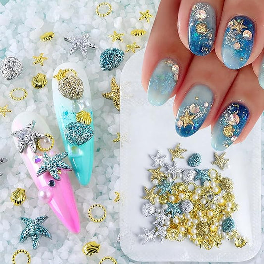 Summer Nail Art Rhinestones,Shiny Shell Starfish Nail Charms 3D Resin Nail Art Charms Metal Star Seashell Starfish Theme Summer Charms for Acrylic Nails Pearl for Women DIY Accessories Decor