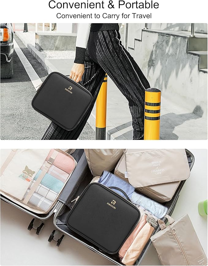 Relavel Makeup Bag with Light Up Mirror, Makeup Case Travel Cosmetic Bags Brush Organizer Storage Box, Rechargeable Vanity Mirror with 3 Color Lights, High Frame Mirror Protection (Black)