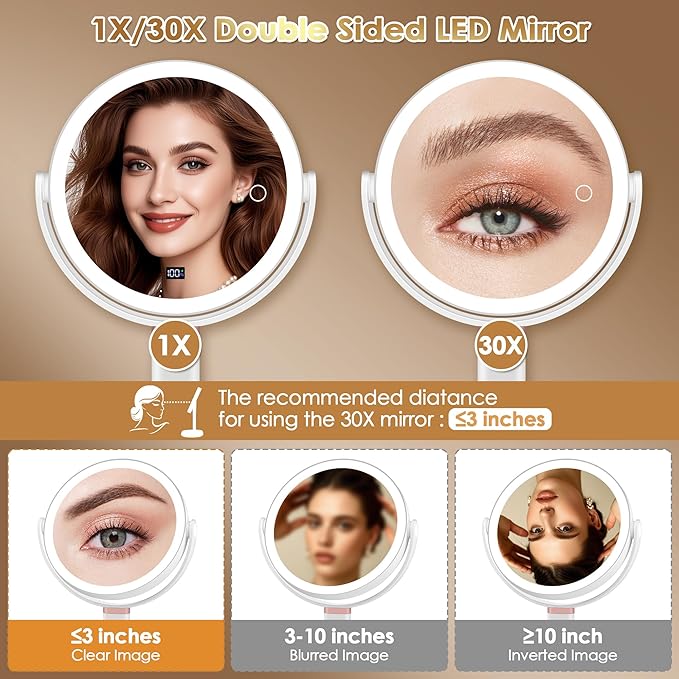 MIYADIVA Makeup Mirror with Lights, 30X/1X Magnifying Mirror with Digital Display, Height Adjustable Desk Mirror, Detachable for Travel, Vanity Mirror with Phone Holders and Tweezers, Gifts for Women