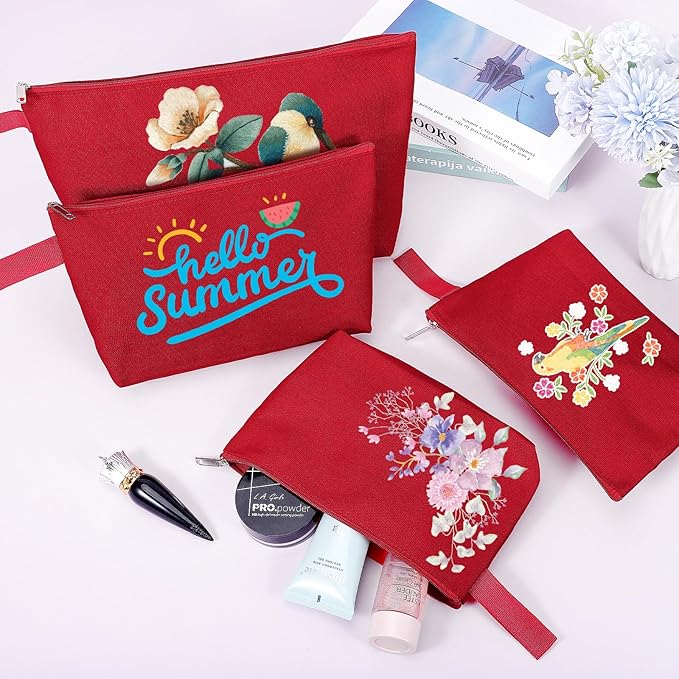 10 Pieces Cotton Canvas Makeup Bag with Bottom and Strap, Multi-Purpose Cosmetic Bag with Zipper Travel Toiletry Pouch, Blank DIY Craft Bag (Red, L)