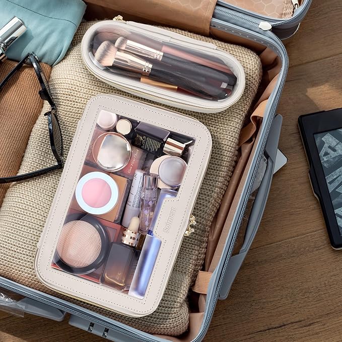 Travel Clear Makeup Bag with Makeup Brush Bag, Leather Make up Case Toiletry Bag, Portable Cosmetic Bag Case, Transparent Waterproof Cosmetic Organizer Storage Bag for Women, Off-White