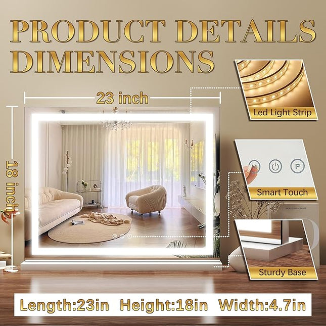 ROLOVE 23x18 Inch Lighted Vanity Mirror, 3-Color Dimmable LED & Touch Control - Large Makeup Mirror for Dressing Room (Wall/Tabletop Mount)