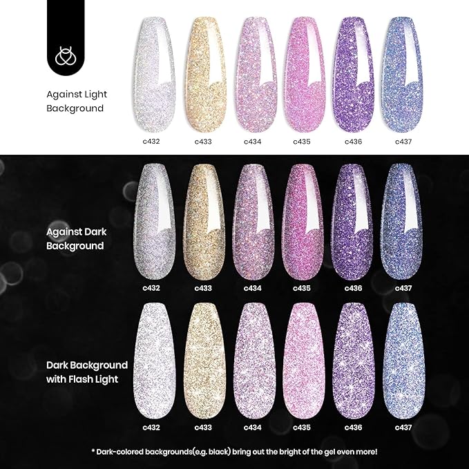 Beetles Reflective Glitter Halloween Gel Nail Polish Kit 6 Colors Holographic Gel Polish Sparkle Flash Dimond Sliver Gold Soak Off UV LED Manicure Gift for Women Girls Midnight Sparkling