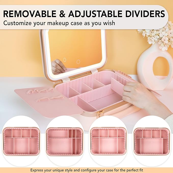 Lighted Makeup Case with Mirror - Standard Size 11.4" x 9" - Travel Makeup Case With Mirror - Rechargeable LED Travel Vanity Case with Adjustable Brightness - Train Case Makeup Bag - Pink