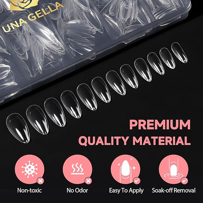 UNA GELLA Almond False Nails, 504pcs Soft Gel Tips, Clear, Medium, 12 Sizes, for Nail/Dip/Poly Extensions, Press On Nails