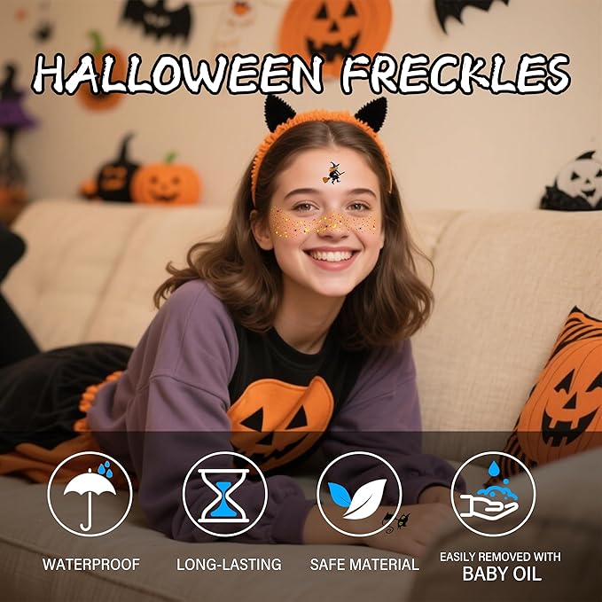 20 Pcs Halloween Makeup Decorations,DIY Halloween Glitter Freckles Face Tattoos Stickers,Sparkle and Waterproof halloween Rave Accessories Face Paint Makeup Kit for Women, Kids, Party Supplies