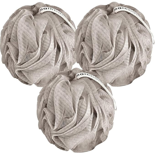 MainBasics Bath Shower Loofah Sponge Pouf Body Scrubber Exfoliator Body Wash Sponge (Set of 3, Totally Taupe)