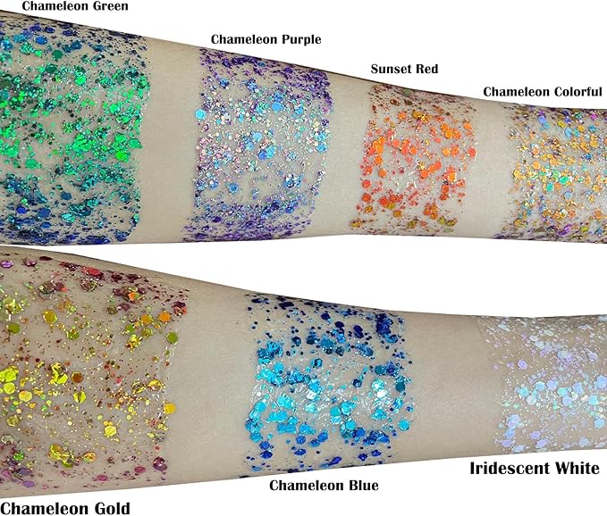 MEICOLY Chameleon Purple Face Body Glitter,Mardi Gras Outfit for Women,Mardi Gras Accessories,Chunky Glitter Face Paint,Color Changing Mermaid Face Glitter,Festival Glitter Makeup for Face Body Hair