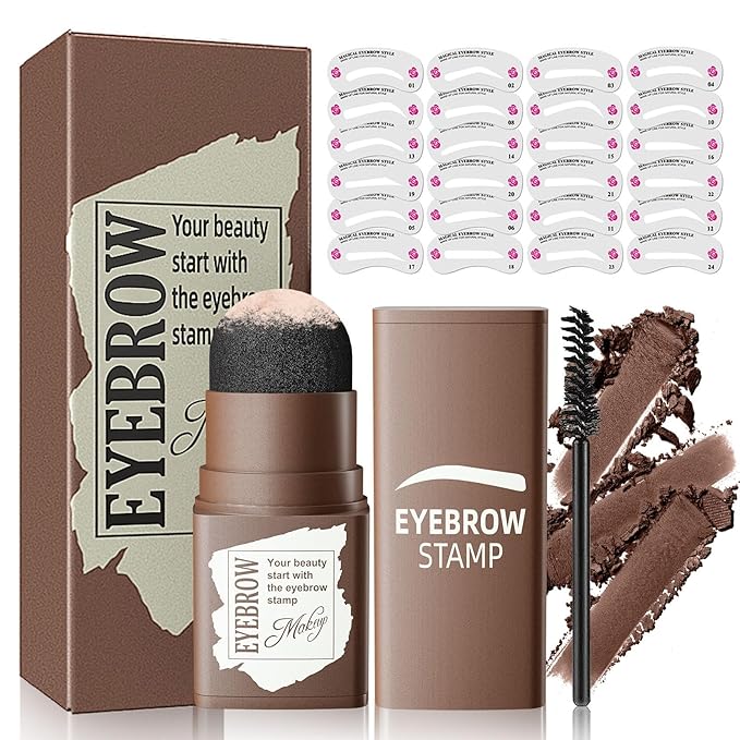Eyebrow Stamp Stencil Kit - Eyebrow Powder and Eyebrow Stencils for Shaping with Eyebrow Brush, Long-Lasting Waterproof Brow Shaping Kit with 24 Reusable Thin & Thick Eyebrow Stencils (Dark Brown)