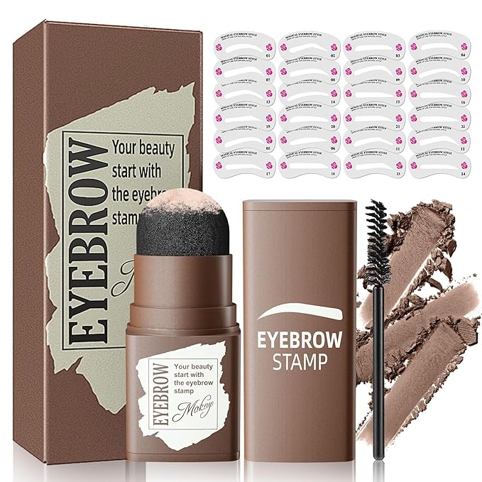 Eyebrow Stamp Stencil Kit - Eyebrow Powder and Eyebrow Stencils for Shaping with Eyebrow Brush, Long-Lasting Waterproof Brow Shaping Kit with 24 Reusable Thin & Thick Eyebrow Stencils (Medium Brown)