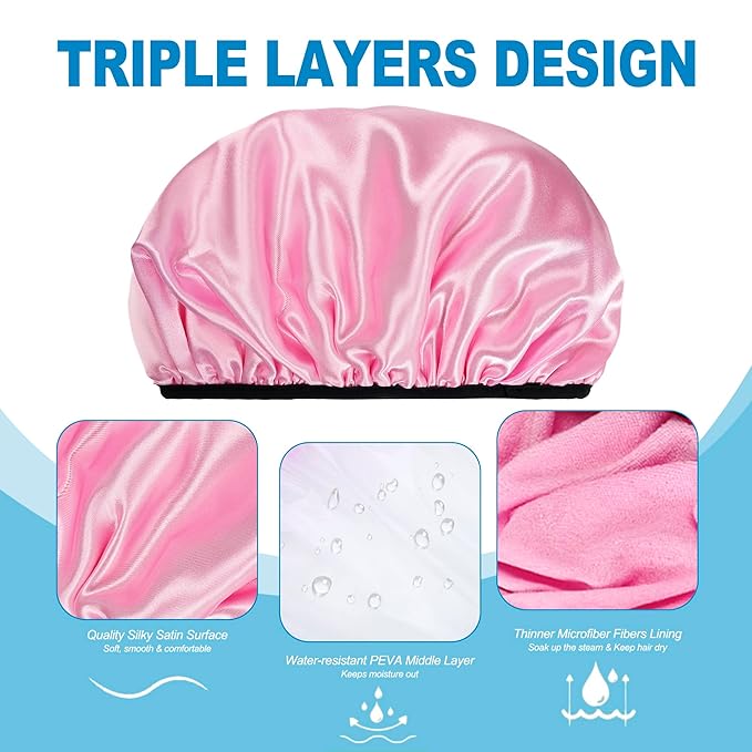 Shower Cap for Women, 2 PCS 3 Layers Terry Lined Shower Caps + 2 Satin Scrunchies, Waterproof Terry Cloth Bath Caps Elastic and Reusable Hair Cap for Shower - (Pink+Flower A)