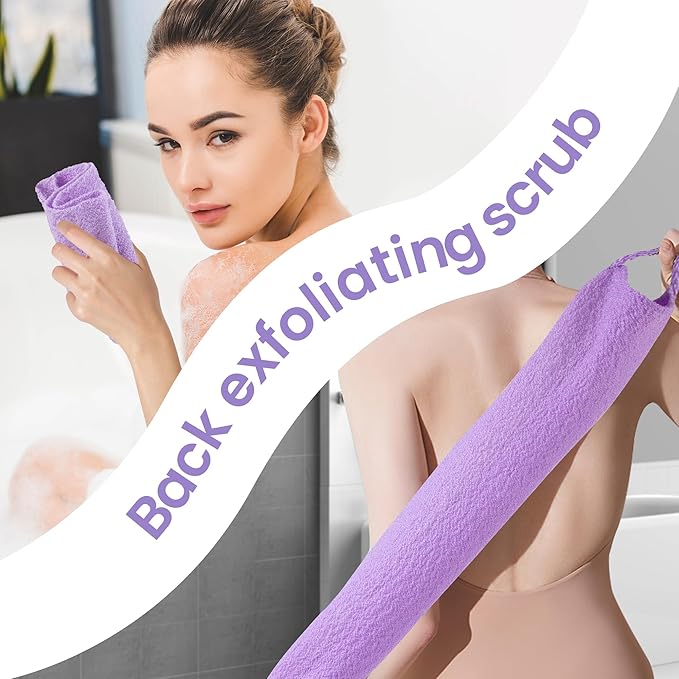 3 Pcs Double-Sided Back Exfoliator Body Scrub Towel, Exfoliating Back Scrubber with Handles,Exfoliating Washcloth Bath Tool in Shower, Stretchable Back Washer to Deep Cleans Skin (Beige,Pink,Purple)
