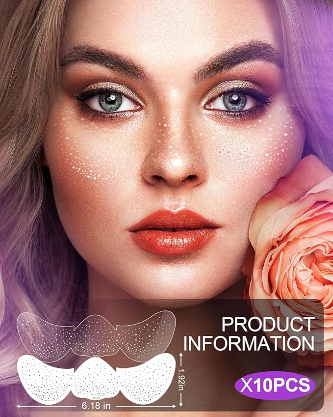 Face Glitter Freckles, Silver Tattoo Makeup Patches, Speckles Sparkle Beauty Waterproof Fake Freckle for Holiday Dance Music Party Makeup - 10 Count