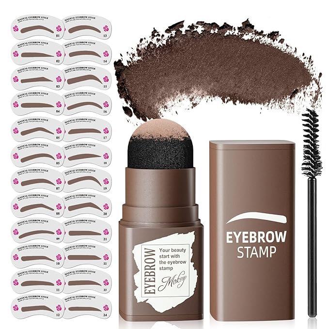 Eyebrow Stamp Stencil Kit - Eye Brow Stencil Kits with Eyebrow Blush, Long-lasting Waterproof & Smudge-Proof Eyebrow Shaping Kit with 24 Reusable Eyebrow Stencils for Perfect Brow (Dark Brown)