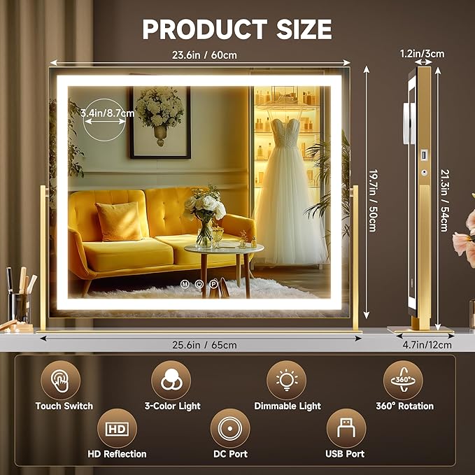 Hasipu Vanity Mirror with Lights, 25.6" x 21.3" LED Makeup Mirror, Light up Mirror with 10X Magnification, USB Charging Port, Smart Touch 3 Colors Dimmable, 360° Rotation (Gold)