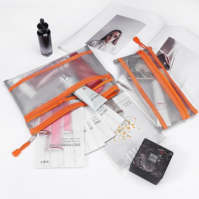 12 Pieces Zipper Nylon Mesh Pouch, Mesh Cosmetic Bags Makeup Bags Pencil Case, Multipurpose Travel Bags for Cosmetic School Office Supplies and Travel Accessories (2 Layers-Grey, A5)