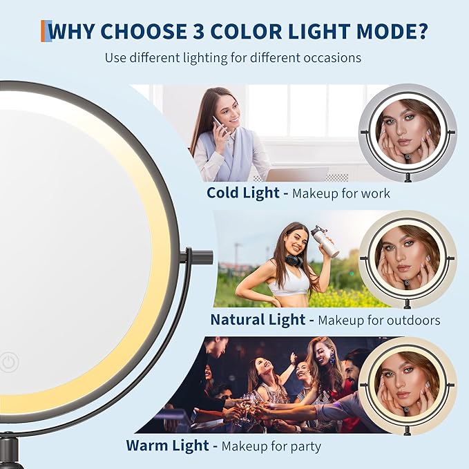 Garvee Lighted Makeup Mirror, Rechargeable Height Adjustable Double Sided Vanity Mirror, 1x/10x True HD Magnifying, Brightness Adjustable, Three Colors, 360° Rotation Vanity, Gift for Women, Black