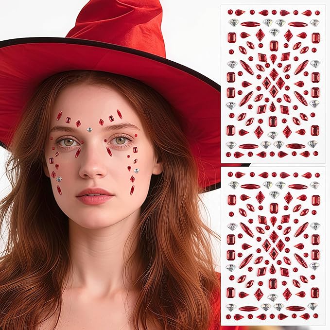 Red Face Gems, Halloween Face Rhinestone Makeup Festival Face Jewels, Zombie Gunshot Wound Fake Hole Scar Blood Scars Stick On Gems, Self-Adhesive Rhinestone Set for Halloween Makeup