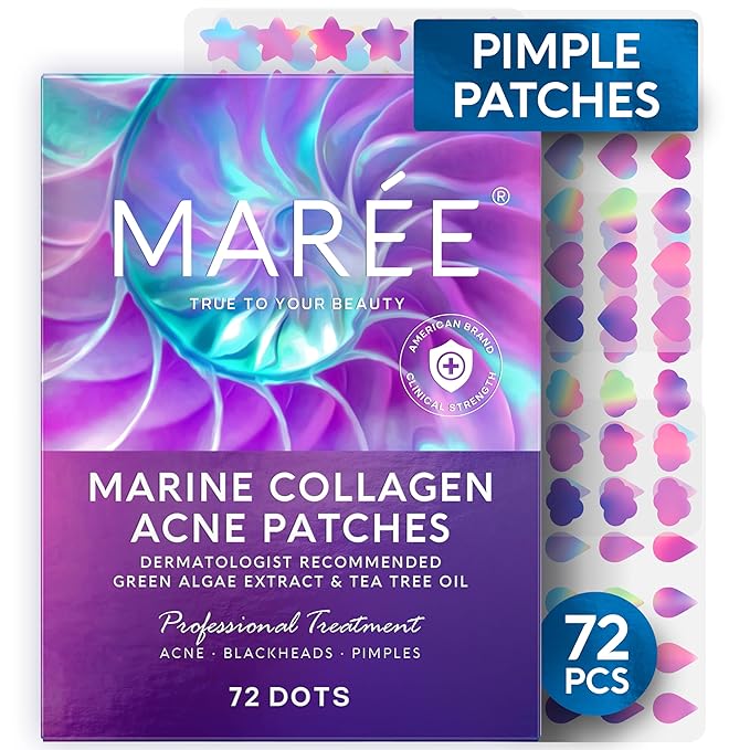 MAREE Star Pimple Patches for Face - Acne Patches - Natural Green Algae Extract & Tea Tree Oil - Hydrocolloid Stars Cute Zit Stickers, Parches Para Acne - 72 Marine Collagen Blemish Pimple Dots