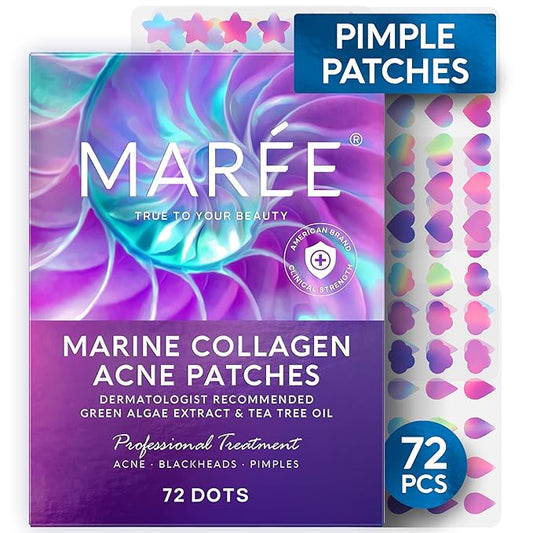 MAREE Star Pimple Patches for Face - Acne Patches - Natural Green Algae Extract & Tea Tree Oil - Hydrocolloid Stars Cute Zit Stickers, Parches Para Acne - 72 Marine Collagen Blemish Pimple Dots