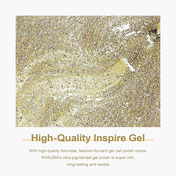 RARJSM Glitter Gel Nail Polish Platinum Gold Metallic Light Gold Iridescent Rainbow Shimmer Flakes Gel Polish Sparkly Chunky Pigments Soak off Led UV Curing Required for Home Salon Manicure Christmas