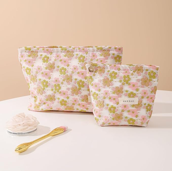 2 Pcs Makeup Bags, Large Cosmetic Bag Travel Toiletry Bag Organizer for Women, Embroidery Craft, Floral Makeup Bag Small Cosmetic Pouch Purse with Zipper Gifts for Girls Teen