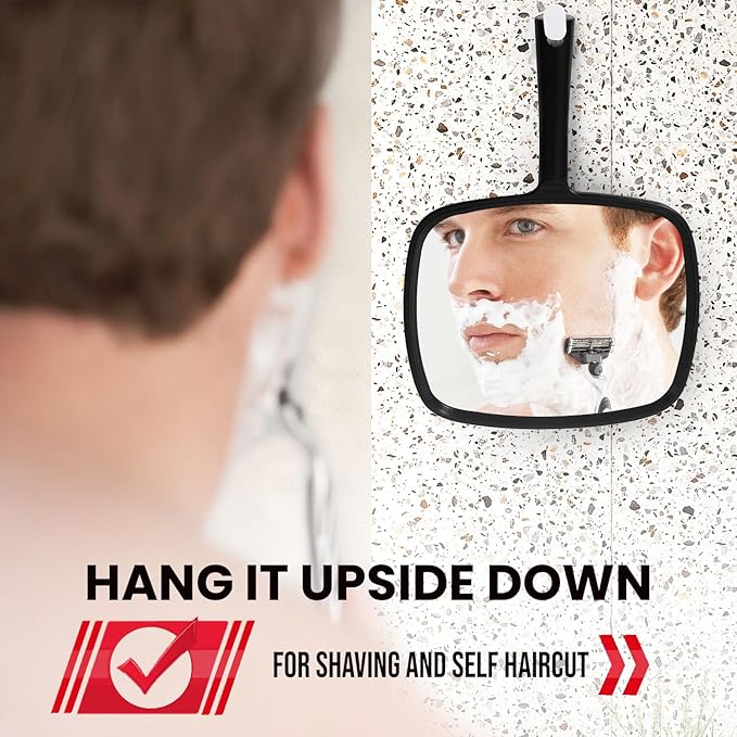 MIRRORVANA Hand Mirror with Ergonomic Handle - Handheld Mirror for Makeup, Home Haircuts, Dental and Barber Use, 8” x 11” (Black)