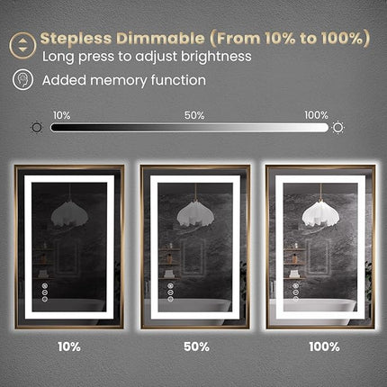 Amorho 40"X36" LED Bathroom Mirror, Gold Metal Framed Mirror with Front Light and Backlit, Stepless Dimmable, Anti-Fog, Shatter-Proof, Memory, 3 Colors