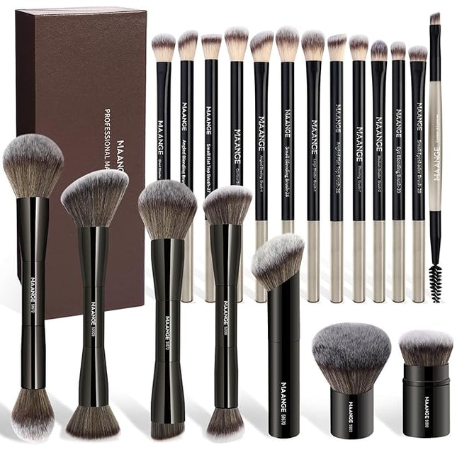 MAANGE 20 Pcs Makeup Brushes with Gift Box, Double-End Multi-functional Makeup Brushes for Blending Liquid Powder Concealer Cream Blush Buffe,Black
