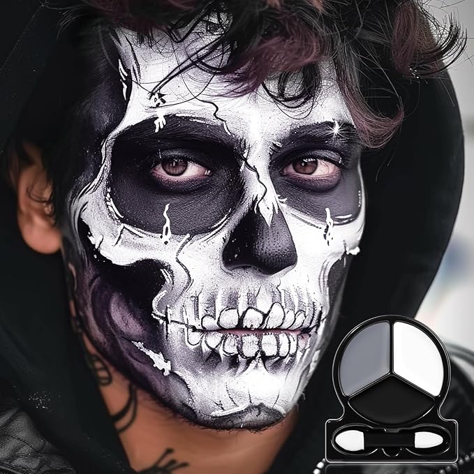 Black White Grey Face Body Paint with Applicator, Oil Based Face Painting Kit for Halloween Skeleton, Skull, Gothic Makeup, Costume Parties, Dress Up, Cosplay, Stage & Special FX Makeup - Travel Size