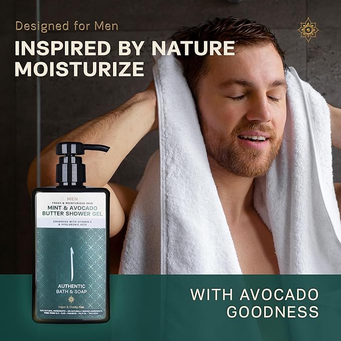 AUTHENTIC BATH & SOAP Sensitive Skin Body Wash – Organic Mint Essential Oil & Avocado Butter – Hydrating Shower Gel with Vitamin E & Hyaluronic Acid – SLS Free, Moisturizing & Refreshing, 16.9 Fl Oz