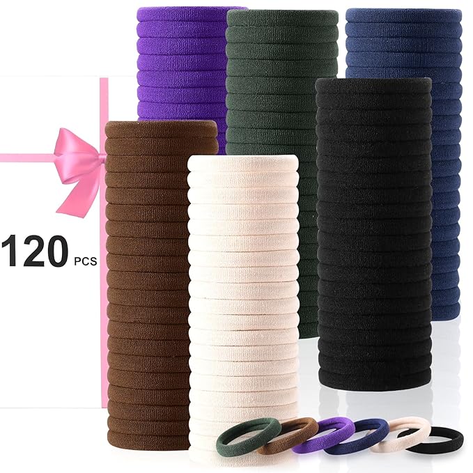 120 Pcs No Damage Hair Ties for Women Thick Hair,Large Soft Seamless Nylon Cloth Hair Ties Ponytail Hair Holders Hair Elastics Hair Band for Women Hair Accessories Neutrals 4