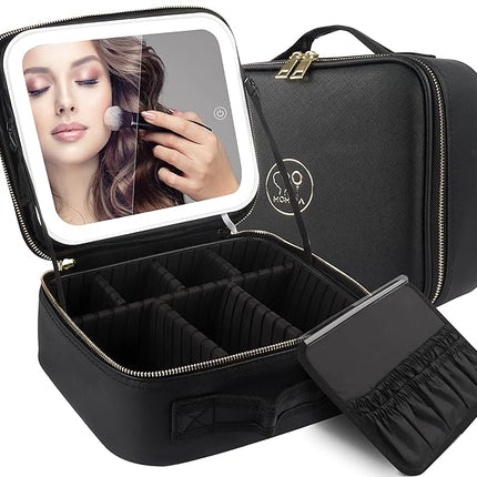 MOMIRA Travel Makeup Bag Cosmetic Bag Makeup Organizer Bag with Lighted Mirror, Adjustable Brightness in 3 Color Scenarios, Waterproof Makeup Train Case, Gift for Women - Black