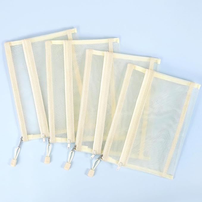 12 Pieces Zipper Nylon Mesh Pouch, Mesh Cosmetic Bags Makeup Bags Pencil Case, Multipurpose Travel Bags for Cosmetic School Office Supplies and Travel Accessories (2 Layers-Beige, A5)