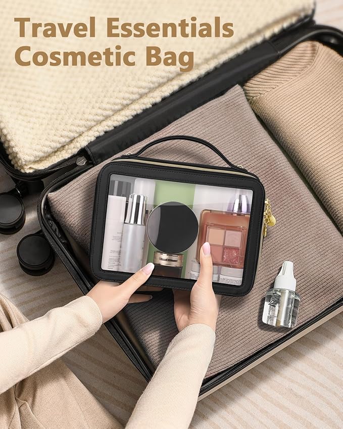 Clear Makeup Bag, Portable Travel Cosmetic Bags, Multipurpose Leather Toiletry Bag with Zipper, Waterproof Transparent Cosmetic Organizer for Women, Large, Black