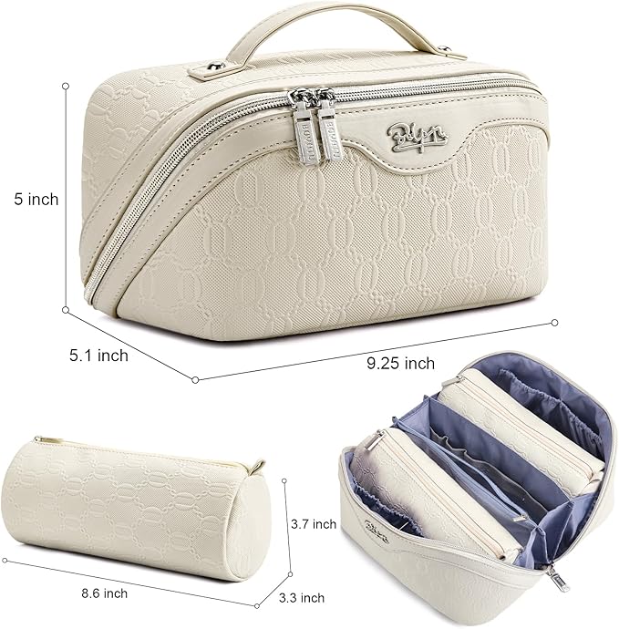 BOYATU Travel Makeup Bag for Women: Cosmetic Organizer Bag with Compartments - Leather Make up Bags Set of 3 (White)