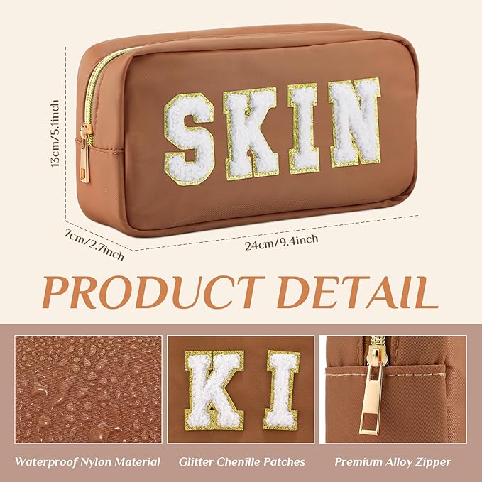 Cunno 4 Pcs Preppy Makeup Bags Chenille Letter Stuff Bag Nylon Cosmetic Pouch Cases with Zipper for Women Travel Toiletry